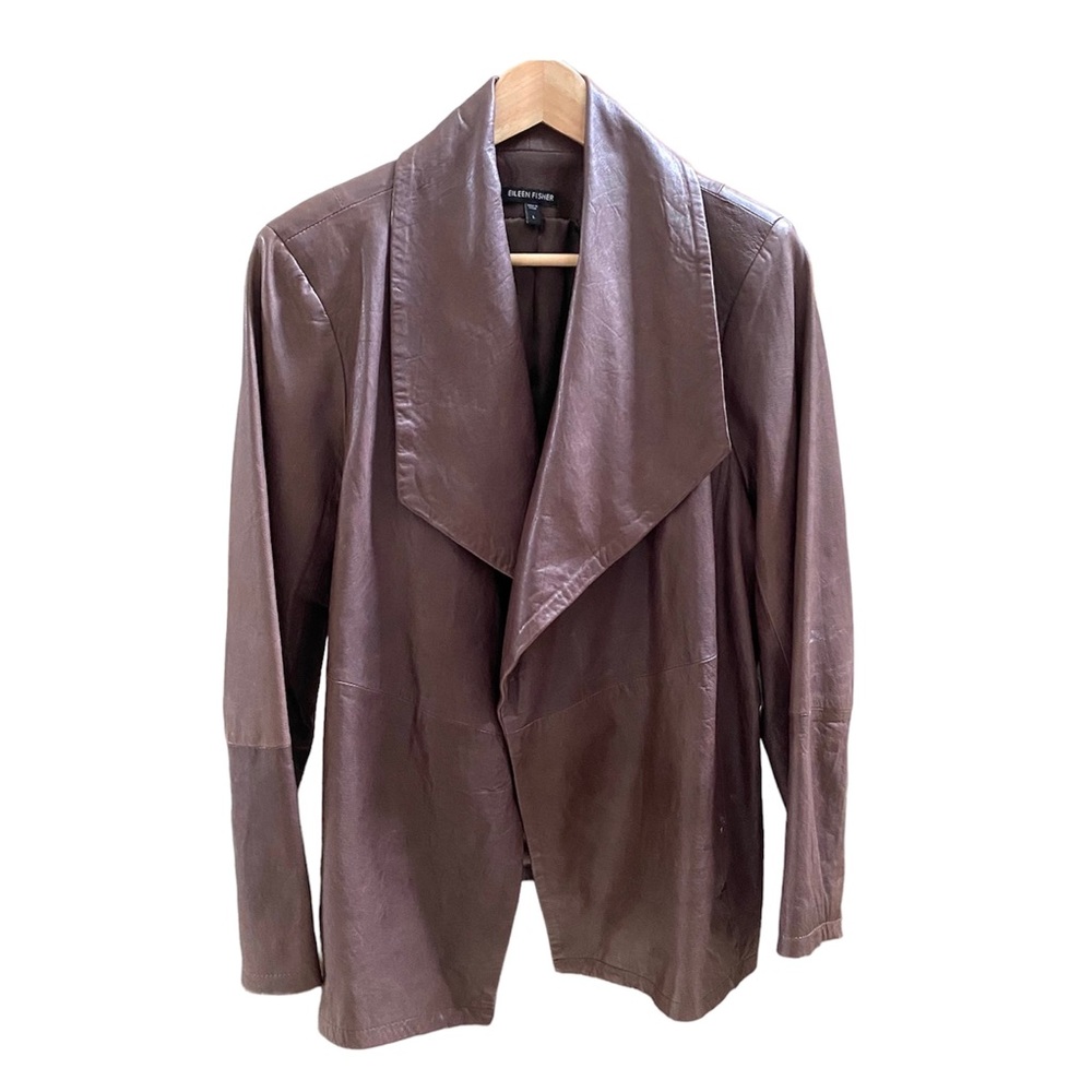 EILEEN FISHER WOMENS OPEN FRONT DRAPEY LEATHER JACKET VINTAGE SIZE L BROWN